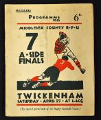 Scarce 1935 Middlesex County RFU Seven A Side Finals rugby programme - played at Twickenham on