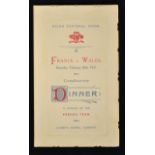 1921 Wales v France (Runners-up) rugby dinner menu - held at The Queens Hotel Cardiff on 26th