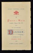 1921 Wales v France (Runners-up) rugby dinner menu - held at The Queens Hotel Cardiff on 26th