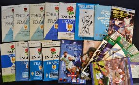Collection of England v France rugby programmes from 1961 onwards (H&A) to incl 3x '60's, '79, 5×'
