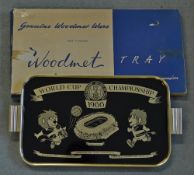 1966 World Cup Willie commemorative tray, gilt metal with gold lettering and black background and