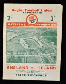 1937 England (Grand Slam) v Ireland (Runners-up) rugby programme - played at Twickenham on 13th