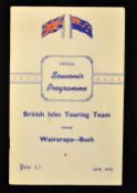 1950 British Lions v Wairarapa - Bush rugby programme - played on 14 June with the Lions winning