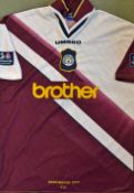 1996/1997 Manchester City away kit maroon/white chest and white stripe match worn player shirt No.