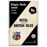 1962 British Lions versus Natal rugby programme - played at Kings Park Durban on 27th June with