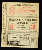 1938 Ireland v England rugby programme - played at Lansdowne Road on 12th February, slight soiling