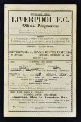 1944/1945 Liverpool v Manchester United match programme dated 4 November 1944, single sheet with