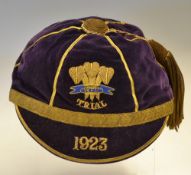 Fine 1923 Wales Rugby Trials Cap - issued to Llew Jenkins with gold braid tassel, trim, date, Prince