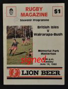 1983 British Lions v Wairarapa-Bush signed rugby programme - signed by 17 players to include Terry