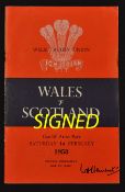 1958 Wales v Scotland signed rugby programme - played at Cardiff Arms Park and signed by both