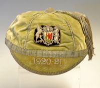 1920-21 Cardiff Rugby Club Cap - awarded to Llew Jenkins comprising 6 panel with silver braid tassel