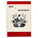 1960 Natal vs Invitation XV rugby programme - played at Kings Park Durban 1st September with the