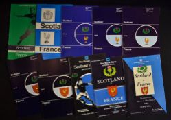 Collection of Scotland v France rugby programmes from 1970/80s to incl a complete run of home