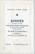 1960 South of Scotland XV v South Africa rugby dinner menu - held in Hawick after the match on