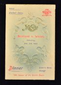 Scarce 1906 Wales (Runners-up) v Scotland rugby dinner menu - held at The Queens Hotel Cardiff