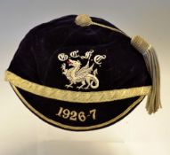 1926-27 Glamorgan County Rugby Cap - awarded to LLew Jenkins comprising 6 purple velvet cap with