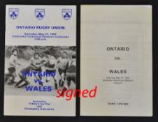 1989 Wales Rugby tour to Canada signed programme vs Ontario played on programme Saturday 27th May