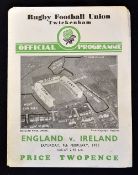 1935 England vs Ireland (Champions) rugby programme - played on 9th February with England winning