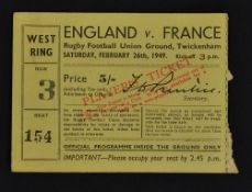 1949 England v French "Players" rugby ticket - played at Twickenham on 26 February, some slight