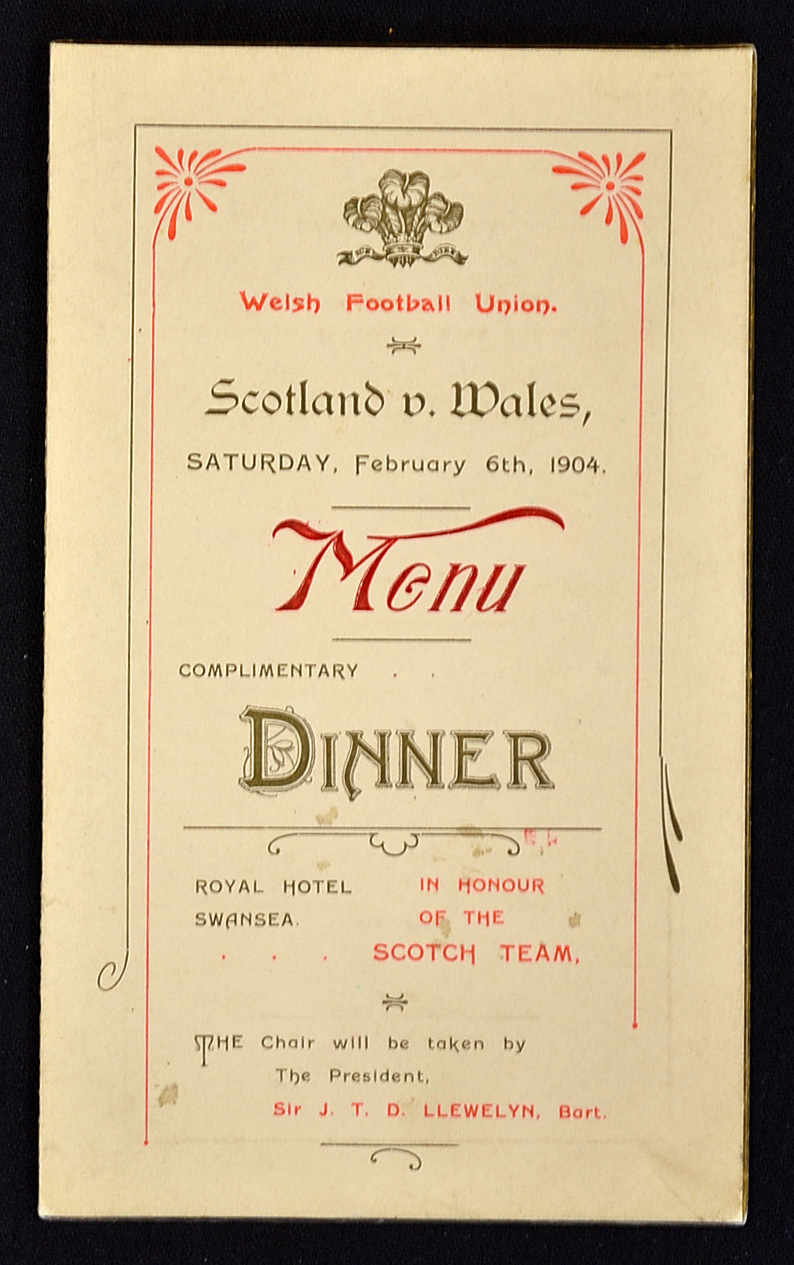 Scarce 1904 Wales vs Scotland (Champions) rugby dinner menu - held at The Royal Hotel Swansea on