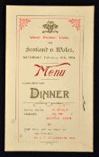 Scarce 1904 Wales vs Scotland (Champions) rugby dinner menu - held at The Royal Hotel Swansea on