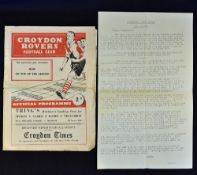 1950/51 Croydon Rovers v Twickenham Metropolitan League football programme with insert, edge tear