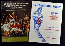 1982 England Rugby Tour to the USA programmes to include v the US Cougars 2nd June and v Pacific