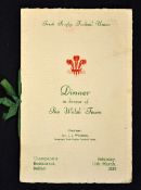 1939 Ireland (Runners-up) v Wales (Champions) rugby dinner menu - held at Thompsons Restaurant