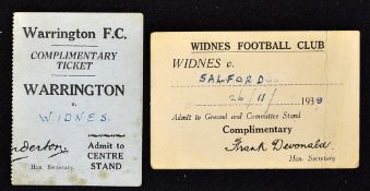 2x 1938 Widnes Rugby league match tickets to incl v Salford (H) dated 26 November 1938, v Warrington