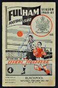 1960/61 Signed Fulham v Blackburn football programme including players Charnley, Armfield, Durie,