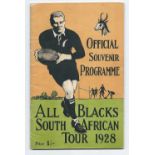 Scarce 1928 "All Blacks South African Rugby Tour" official souvenir programme - issued by The