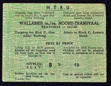 Rare 1963 Northern Transvaal (South Africa) v Australia Wallabies rugby match ticket - played in