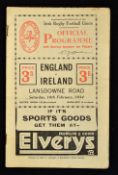 1934 Ireland v England (Grand Slam) rugby programme - played at Lansdowne Road on 10th February ,