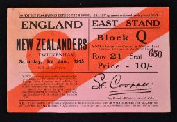 Rare 1925 England v New Zealand All Blacks Invincibles rugby match ticket - some very slight soiling