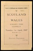 Scarce 1947 Wales v Scotland Services rugby programme - played at Llanelli on Tuesday 1st April