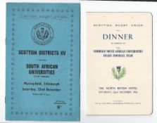 1956 Scottish Districts XV v South African Universities rugby programme and dinner menu - played