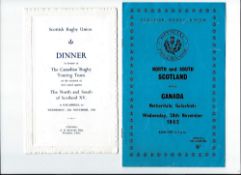 1962 North & South of Scotland XV v Canada rugby programme and after dinner menu - played at