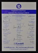 1990/91 England Cricket Tour of Australia and New Zealand Signed Cricket Team Sheet Cornhill