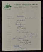 1977 Australian Touring Cricket Signed Team Sheet with players featuring Chappell, Marsh, Davis,