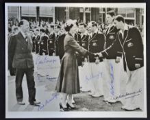 1956 Australia Signed Cricket Print depicting R. Benaud shaking hands with Queen Elizabeth II before