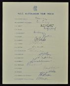 1958/9 M.C.C Australasian Tour Signed Team Sheet fully signed featuring May, Cowdrey, Bailey, Evans,