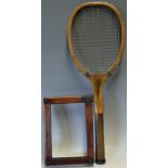 T.H Prosser & Sons wooden tennis racket and press c.1915, fitted with a convex wedge, green and