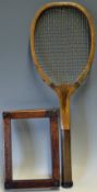 T.H Prosser & Sons wooden tennis racket and press c.1915, fitted with a convex wedge, green and