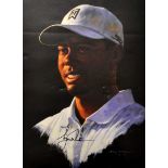 Tiger Woods portrait signed colour print - from the original by Craig Campbell - mf&g 17 x 13" (G)