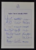 1994/95 England Cricket Tour to Australia Signed Team Sheet appears fully signed including Atherton,