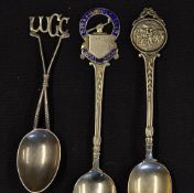 3x interesting silver golfing tea spoons - from the early 20thc to incl Durban Golf Club (enamel