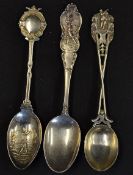 3x interesting early silver golfing figure tea spoons - depicting Vic golfers incl one with a