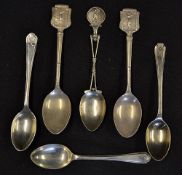 6x various sliver and silver plated golfing teas spoons - incl silver ornate crossed club stem, 3x