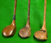 3x Socket neck woods incl a JH Taylor autograph spoon, a Spalding Argyle brassie with a full brass