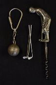 Interesting collection of golfing items to include corkscrew mounted with golfing figure in the